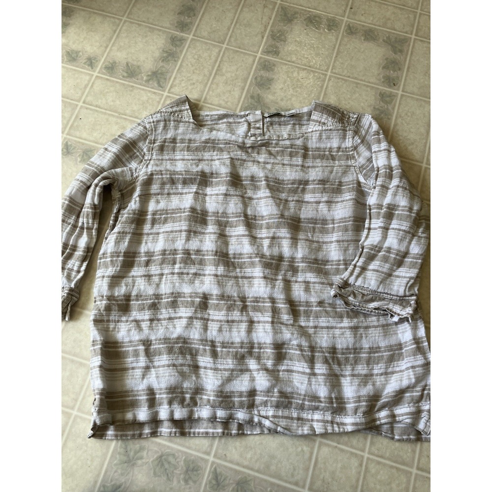 LL Bean Tan White Stripe Linen Blouse XL 3/4 Slv Neautral Minimalist Capsule